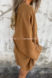 Solid Color V-neck Loose Long-sleeved Button Top