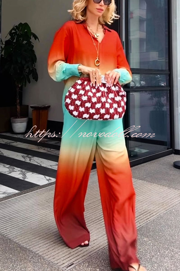 Neon Sunset Gradient Print Long Sleeve High Low Hem Blouse and Elastic Waist Loose Pants Set