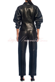 Pop of Brown Faux Leather Double Zipper Detail Balloon Sleeve Lapel Jacket