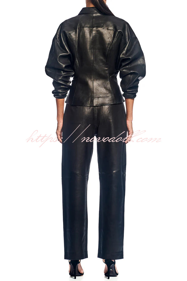 Pop of Brown Faux Leather Double Zipper Detail Balloon Sleeve Lapel Jacket