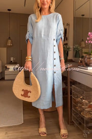 Ultra-comfortable Linen Blend Half Sleeve Front Button Detail Relaxed Pocket Midi Dress