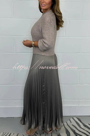 Stylish Knitted Round Neck Long Sleeve Patchwork Pleated Hem Maxi Dress