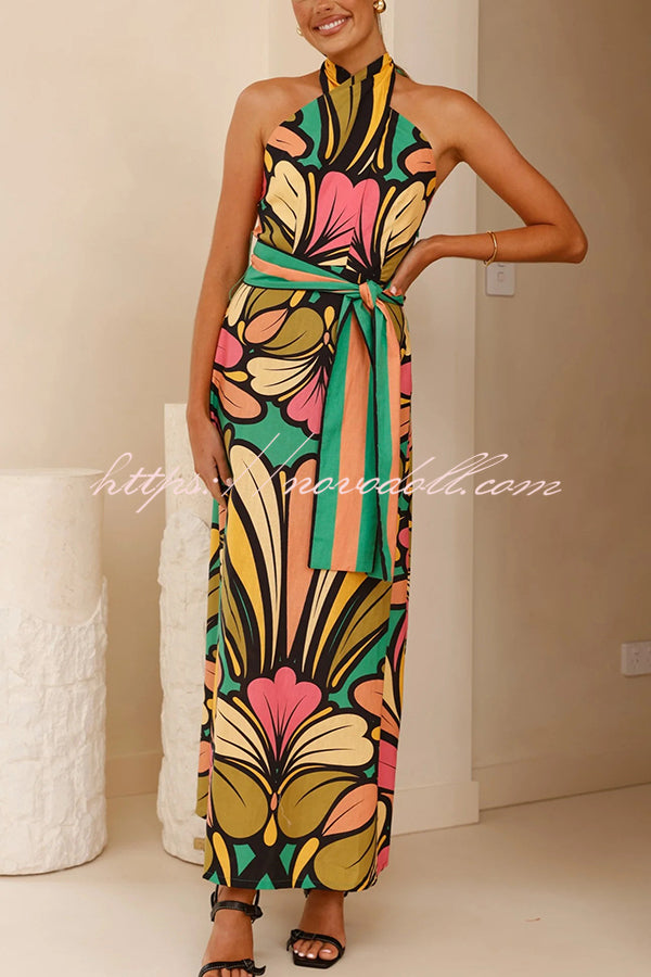 Unique Print Halter Neck Tie Backless Holiday Maxi Dress