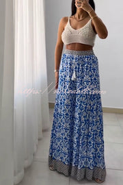 Unique Print Elastic High Waist Tie Pocket Wide Leg Pants