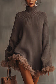 Solid Color Turtleneck Long-sleeved Loose Ruffle Knit Mini Dress