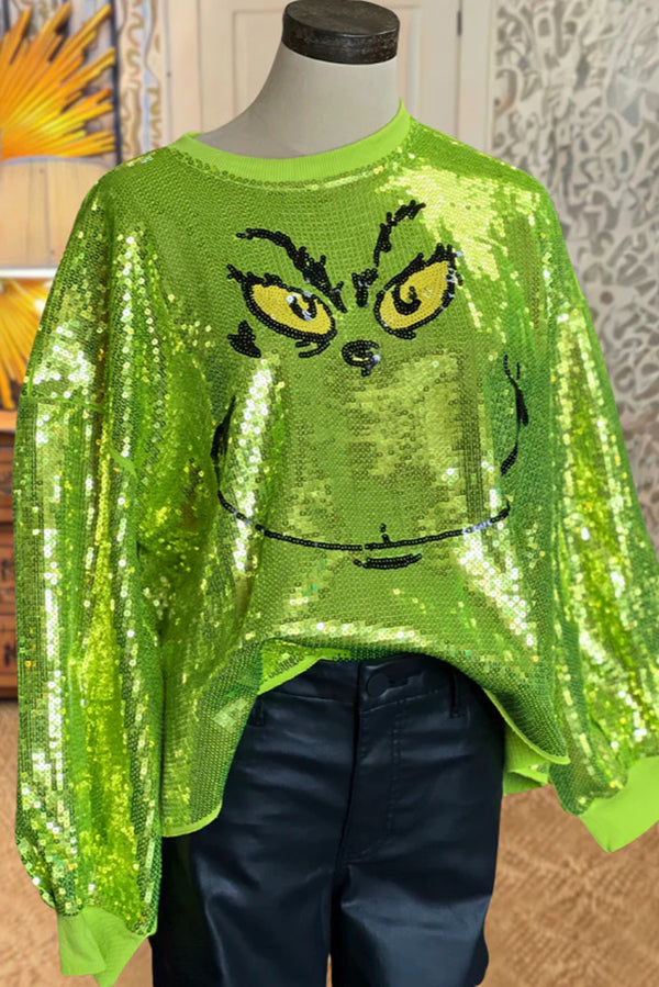 Mr Grinch Sequin Unique Pattern Long Sleeve Loose Sweatshirt