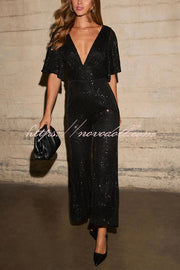 Trophy Wife Sequin Bell Sleeve Flare Stretch Jumpsuit