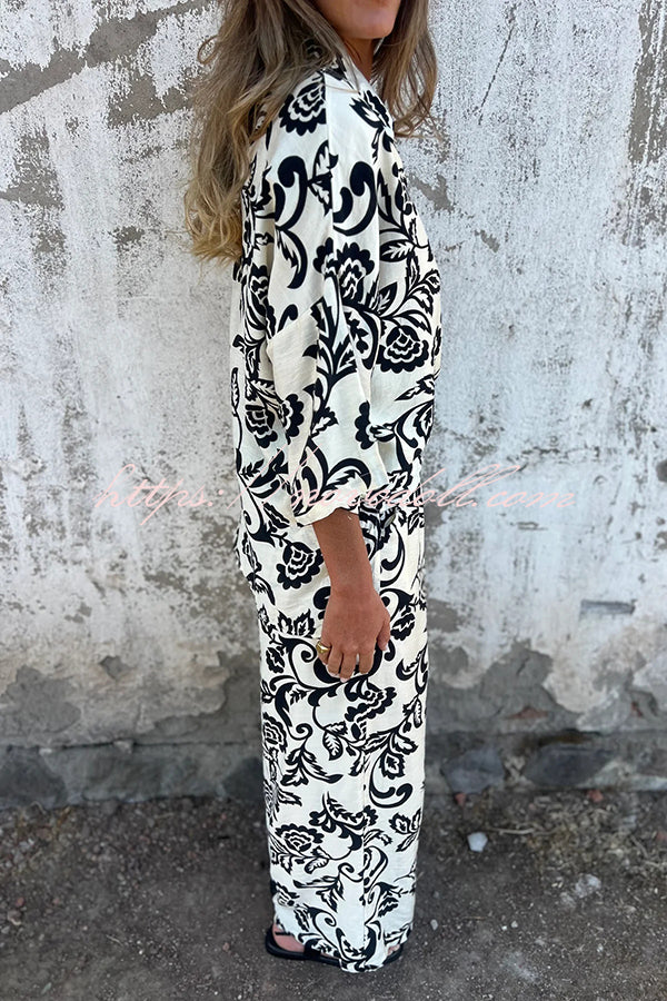 Linen Blend Unique Print Long Sleeve Loose Shirt and Elastic Waist Tie Pocket Pants Set