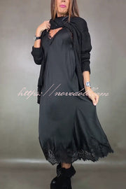 Fashionable V-neck Suspender Lace Splicing Casual Midi Dress