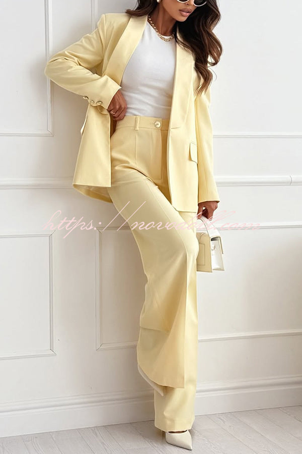 Solid Color Lapel Long Sleeve Casual Blazer and Pocket Wide Leg Pants Set