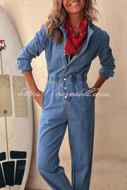 Carey Denim Button Up Long Sleeve Elastic Waist Pocketed Loose Jumpsuit