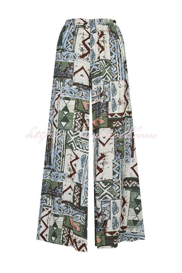 Terrace View Off Shoulder Tie Loose Top and Elastic Waist Unique Print Loose Pants Set