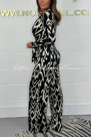 Fashion Leopard Print V-Neck Long Sleeve Lace-Up Casual Jumpsuit