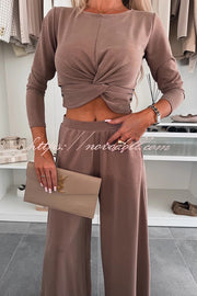 Solid Color Round Neck Long Sleeve Twist Crop Top and Elastic Waist Pocket Wide Leg Pants Set