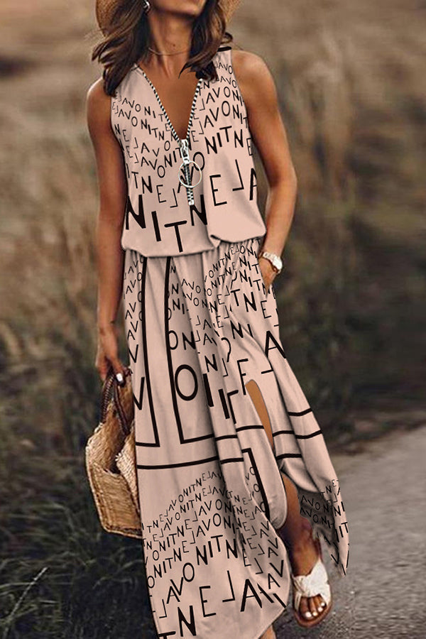 Fashion Modern Letter Print Zipper Neck Daily/Vacation Maxi Dress