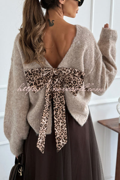Gisella Knit Back Slit Leopard Print Bow Design Long Sleeve Relaxed Sweater
