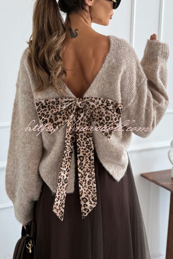 Gisella Knit Back Slit Leopard Print Bow Design Long Sleeve Relaxed Sweater