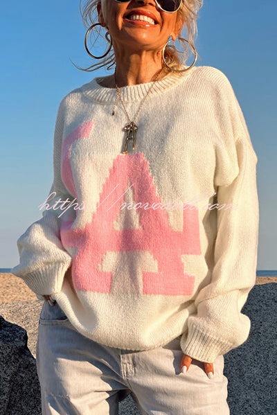 Letter Pattern Crew Neck Long Sleeve Loose Knit Sweater
