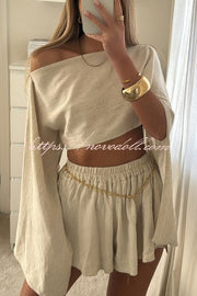 Mae Linen Blend Cropped Wide Sleeved Top and Elastic Waisted Shorts Set