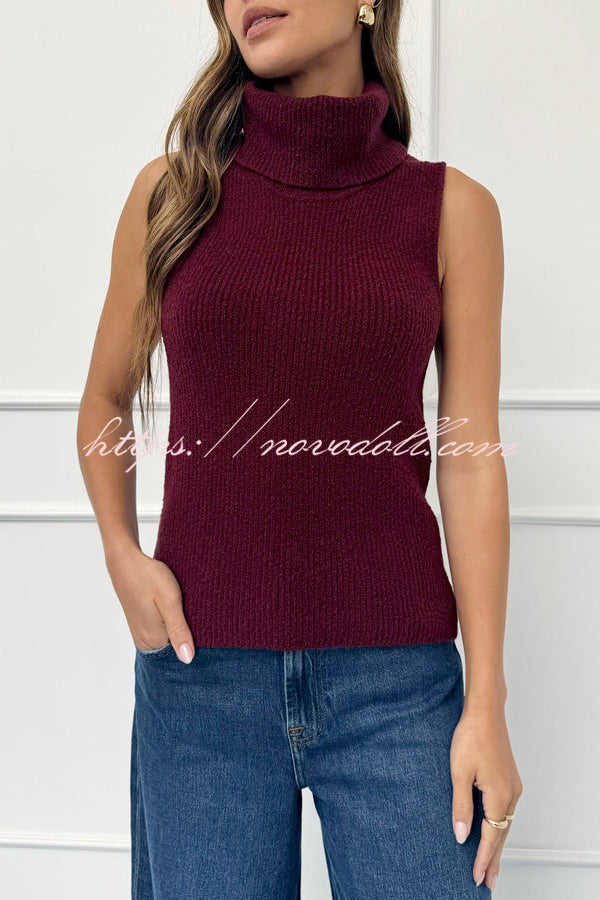 Comfortable Season Ribbed Knit Turtleneck Sleeveless Relaxed Sweater