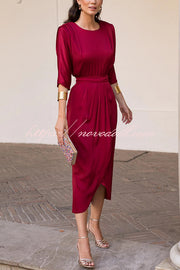 Satin Solid Color Round Neck Half Sleeve Waist Midi Dress