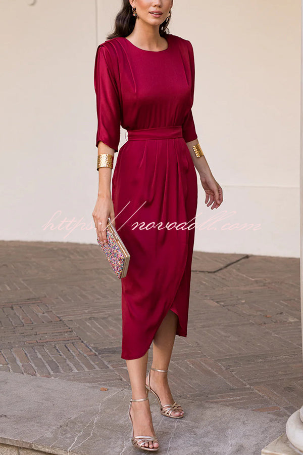 Satin Solid Color Round Neck Half Sleeve Waist Midi Dress