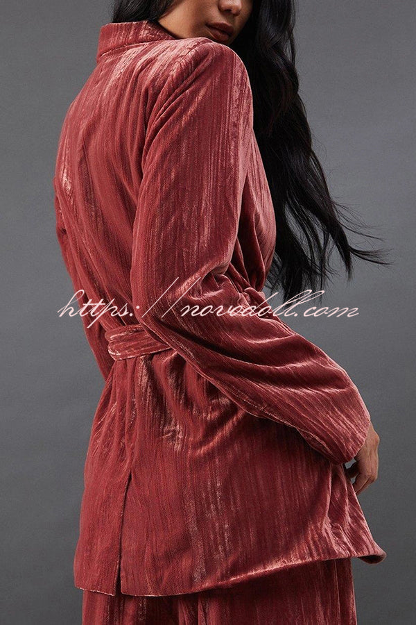 Solid Color Velvet Long-sleeved Waist Tie Top and Elastic Waist Casual Pocket Straight-leg Pants Set