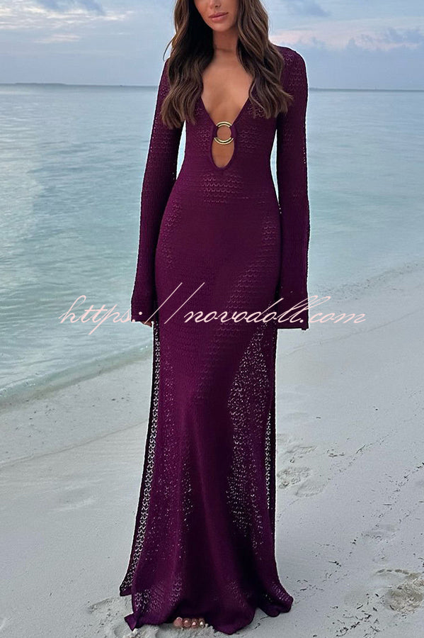 Seaside Goddess Crochet Knit Hollow Out Golden Ring Long Sleeve Cover-up Maxi Dress