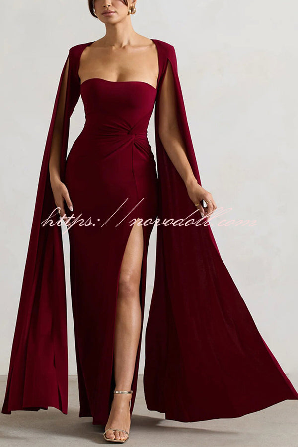 Elegant Goddess Square Neck Twisted Cape Sleeve Slit Maxi Dress