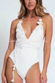 Solid Color Lace-up Flower Decoration Stretch One-piece Swimsuit