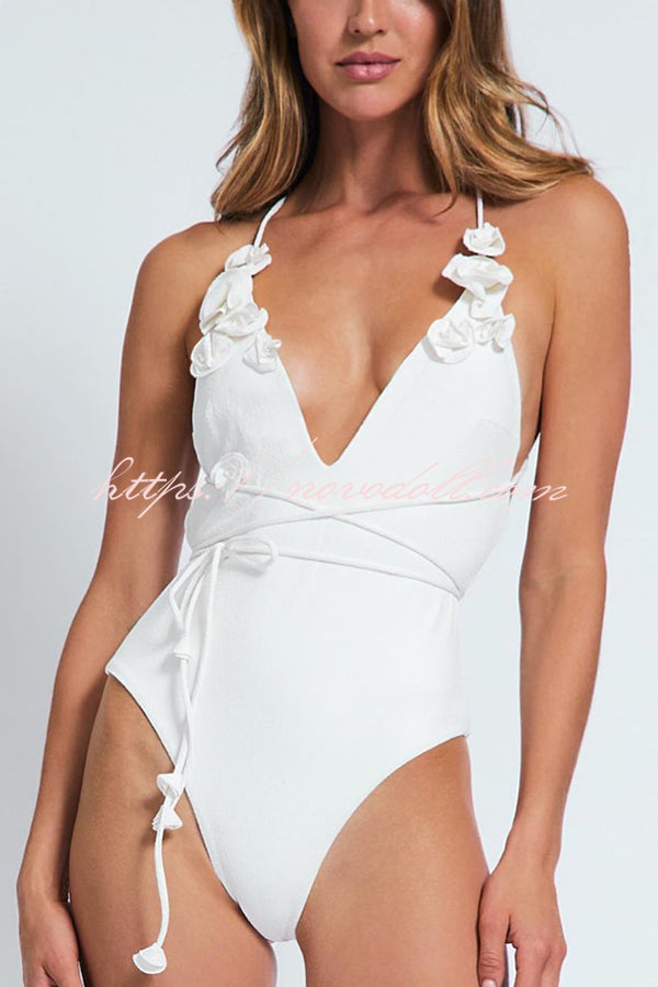 Solid Color Lace-up Flower Decoration Stretch One-piece Swimsuit