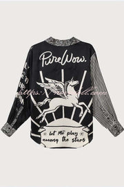 Black Magic Satin Unique Print Long Sleeve Blouse and Elastic Waist Pocket Wide Leg Pants Set