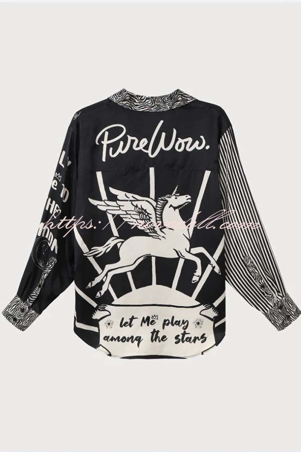 Black Magic Satin Unique Print Long Sleeve Blouse and Elastic Waist Pocket Wide Leg Pants Set