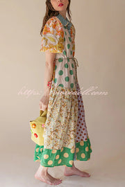 Linen Blend Unique Print Lapel Puff Sleeve Casual Midi Dress