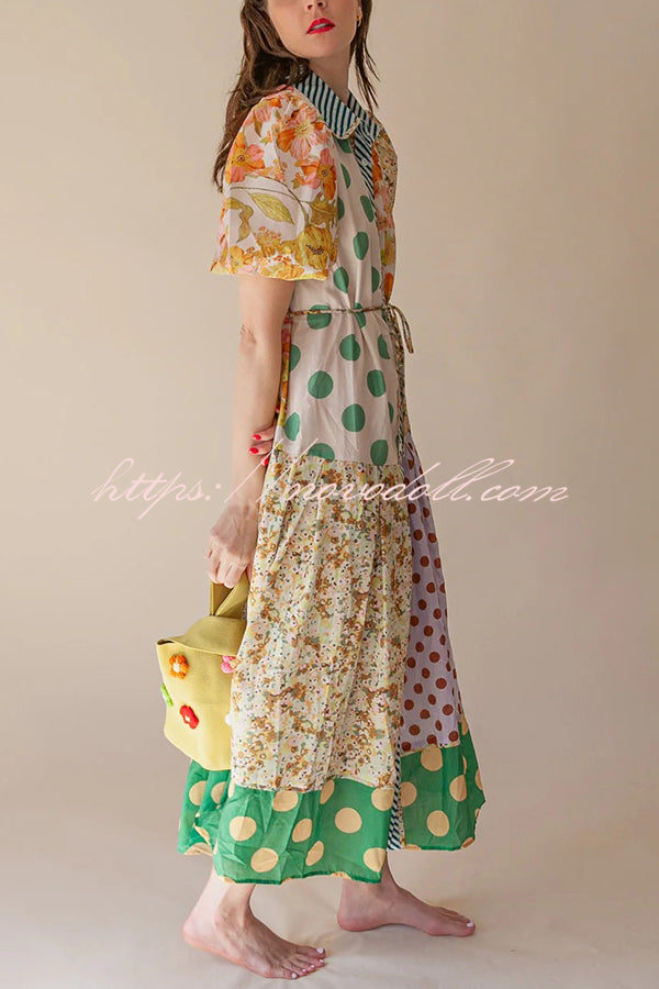 Linen Blend Unique Print Lapel Puff Sleeve Casual Midi Dress
