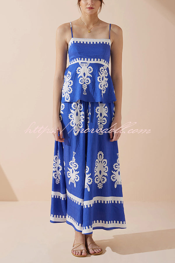 Unique Ethnic Print Suspender Pleated Top and Elastic Waist Loose Wide-leg Pants Set