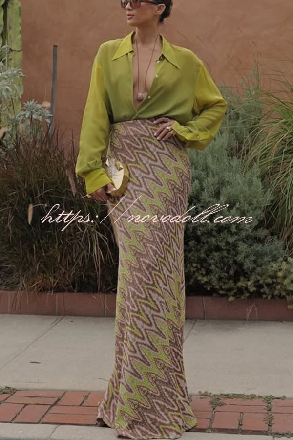 Moonlit Waltz Gradient Print Button Up Long Sleeve Loose Blouse