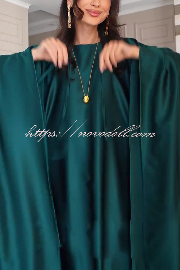 Dignified and Elegant Satin Batwing Sleeve with Waist Tie Design A-line Maxi Dress