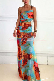 Darla Mesh Tie Dye Print Beaded One Shoulder Ruched Stretch Maxi Dress