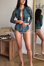 Unique Print One-piece Swimsuit and Cardigan and High Rise Pants Three-piece Set