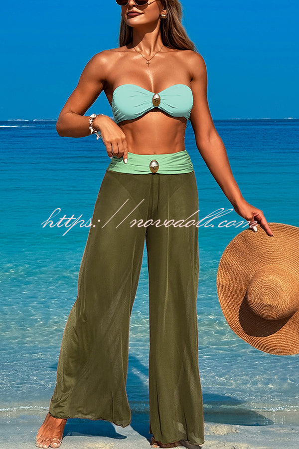 Solid Color Metal Button Decorated Stretch Two-piece Bikini Swimsuit