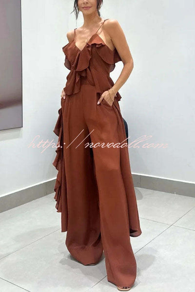 Agnes Chiffon Ruffle Front Slit Midi Slip Top and Elastic Waist Pocket Loose Pants Set