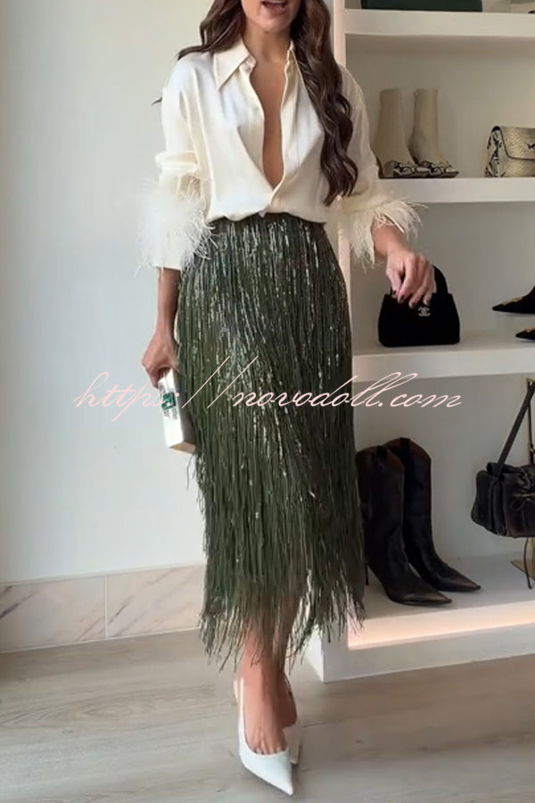 Party Crasher Layered Sequined Tassels High Rise Back Zipper Midi Skirt