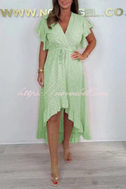Resort Style V-neck Ruffle Sleeves Waist Tie Irregular Midi Dress