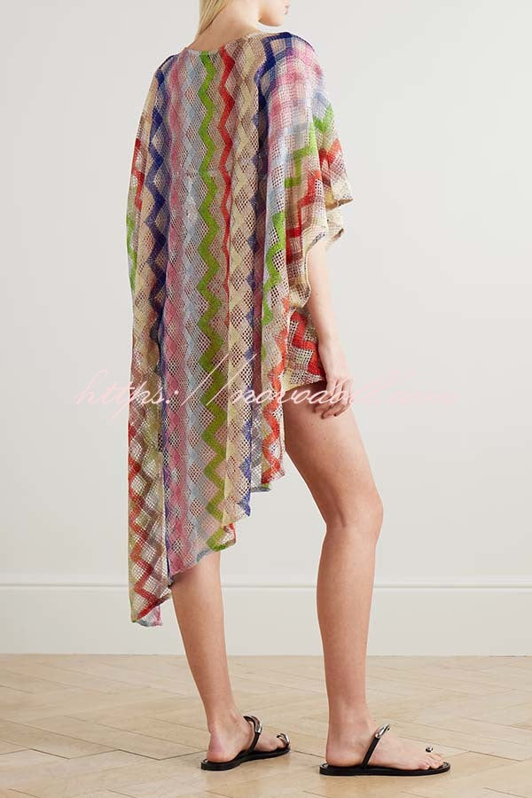 Sun Washed Knit Colorful Zigzag Pattern Asymmetric Hem Loose Cover-ups Kaftan