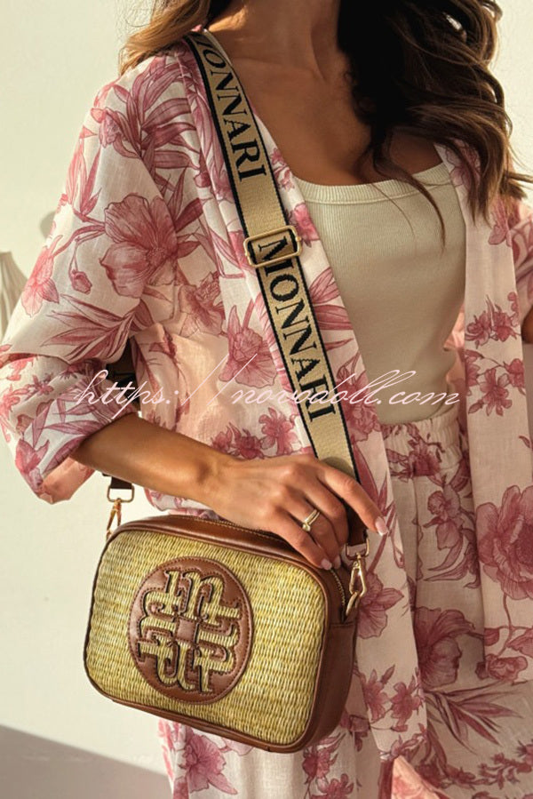 Linen Blend Botanical Print Loose-fitting Top and Elastic Waist Wide-leg Casual Pants Set