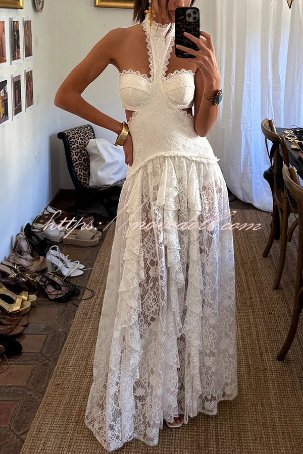 A Girls' Trip Lace High Neck Cutout Drop Waist Ruffles Maxi Dress