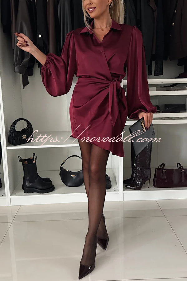 Solid Satin Long Sleeve Tie Waist Irregular Mini Dress