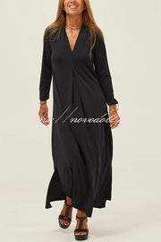 Solid Color V-neck Casual Slit Maxi Dress