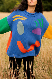 Feel Good Knit Colorful Smiley Face Loose Pullover Sweater